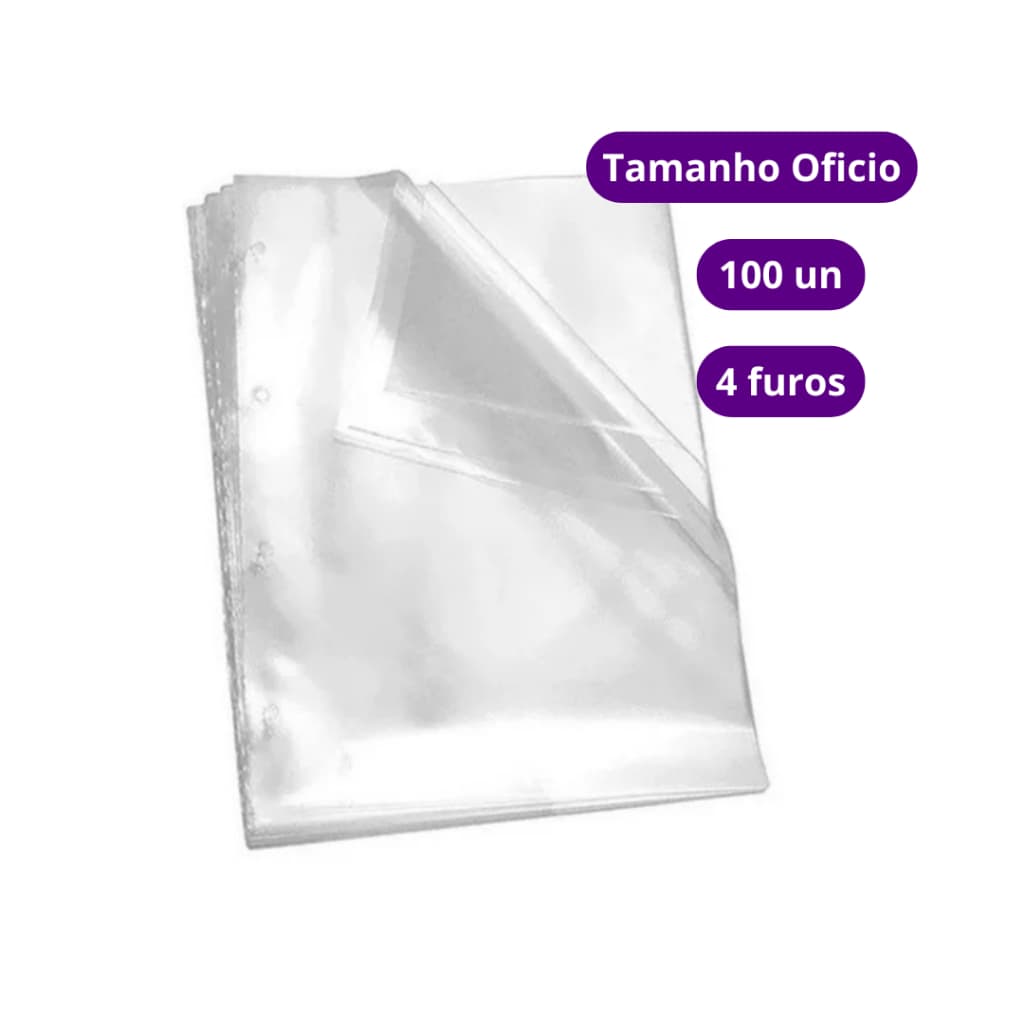 100 Sacos Envelopes Plásticos Transparentes 4 Furos Oficio Para Fichário Registr Pasta Catálogo Papelaria Escritório ACP