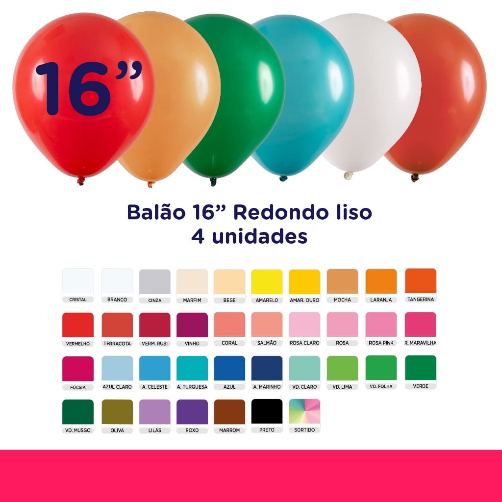 Balão Redondo 16" Diversas Cores  – 4 Unidades – Art Latex