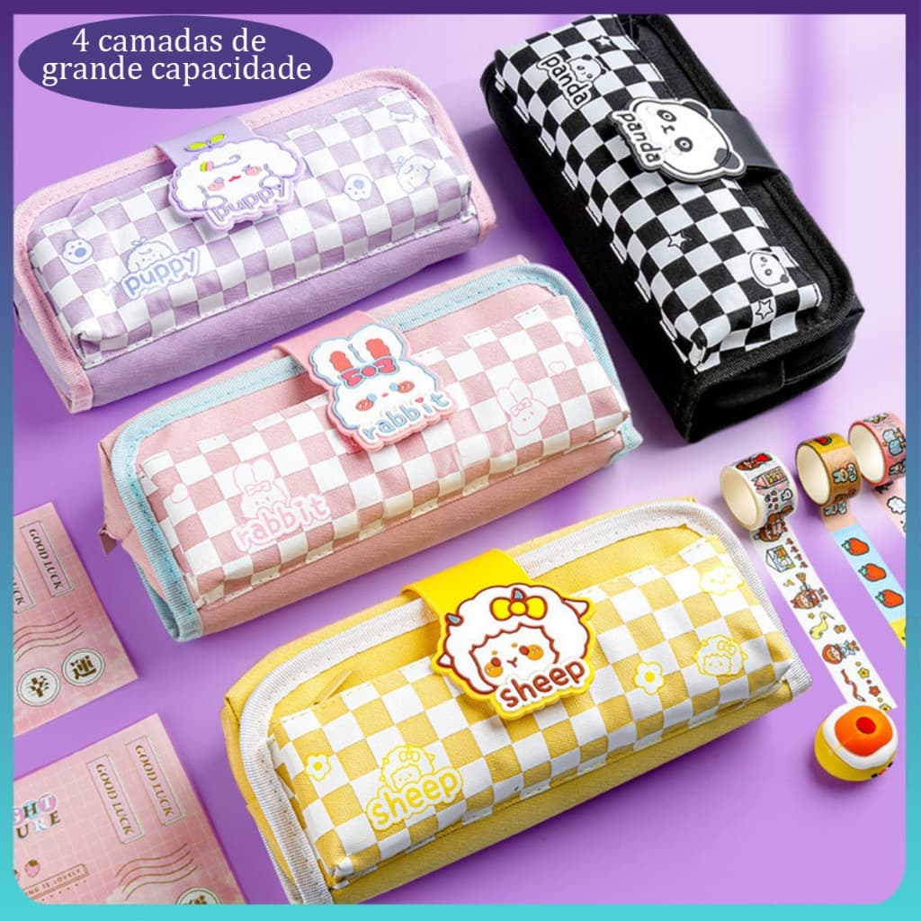 Bolsa de Lápis  4 Camadas Multifuncional Removível Velcro Desenho Animado Papelaria