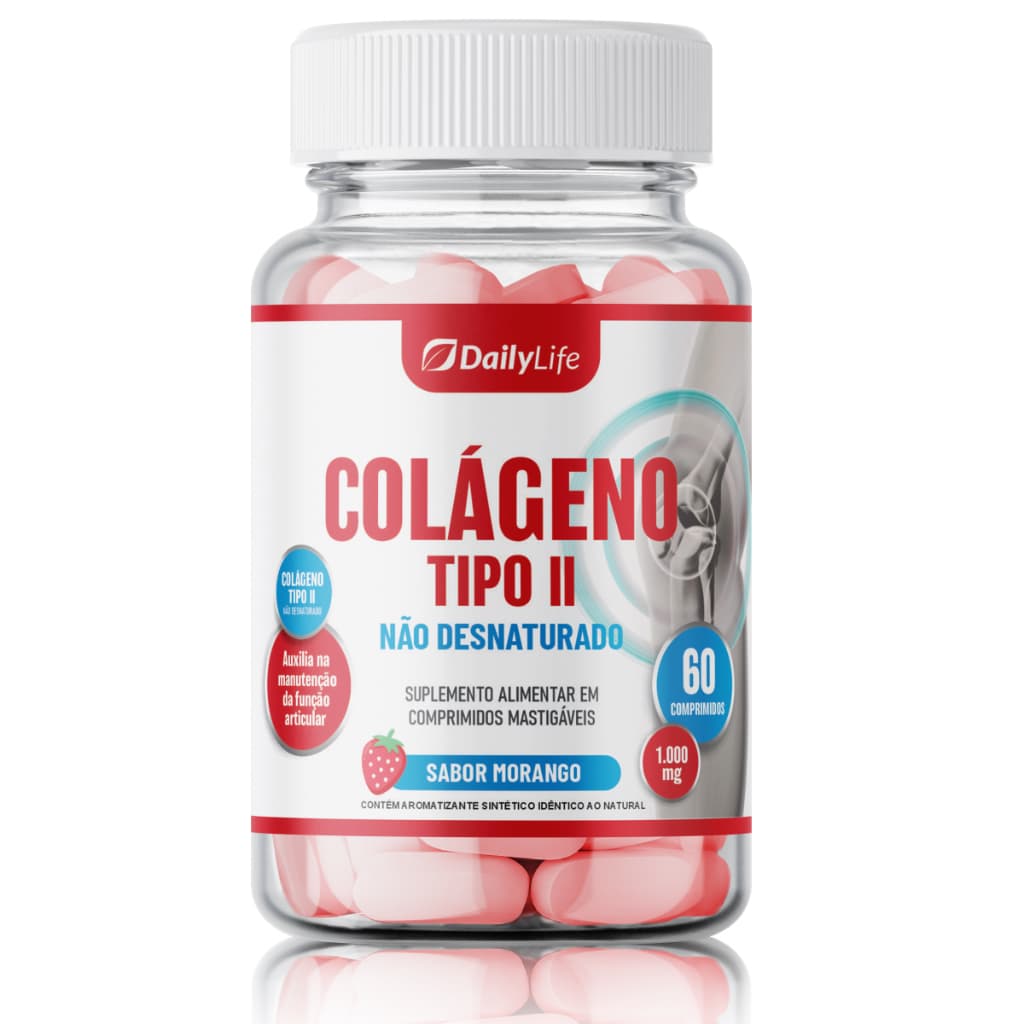Colágeno Tipo 2 100% Puro 40mg Não desnaturado 60 tabletes Mastigaveis sabor Morango