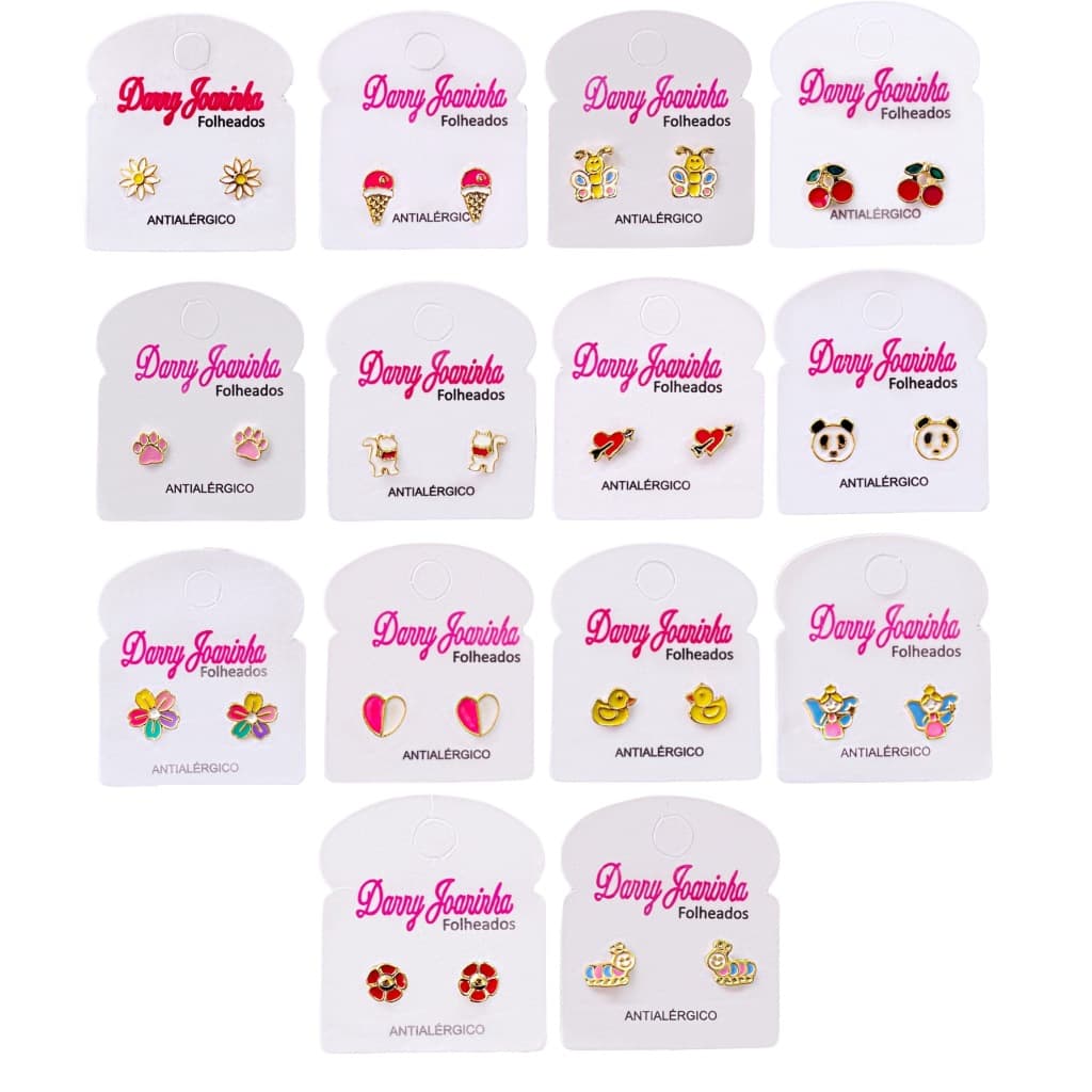 Kit 5 Pares Brincos Infantis Folheados a Ouro Pequenos Personagem Desenho Criança