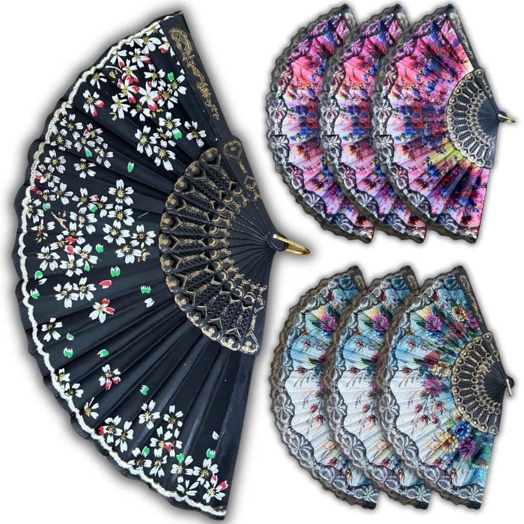 Kit 3 Leques de Mão Tradicional Abanar Tecido Estampa Florida com Renda Chinês Oriental Feminino