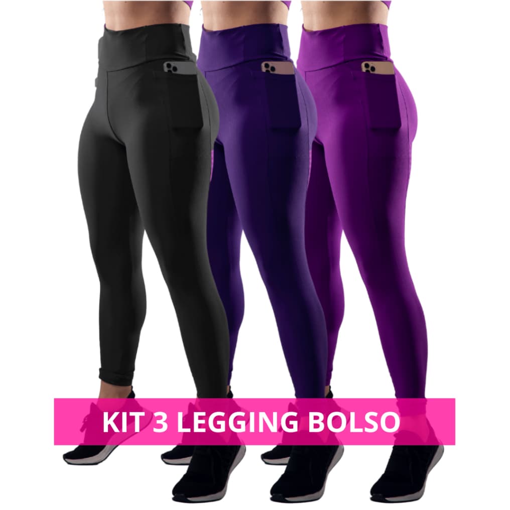 Kit 3 Calça Legging Feminina Fitness Academia com Bolso ideal para guardar objetos Bolsos grandes