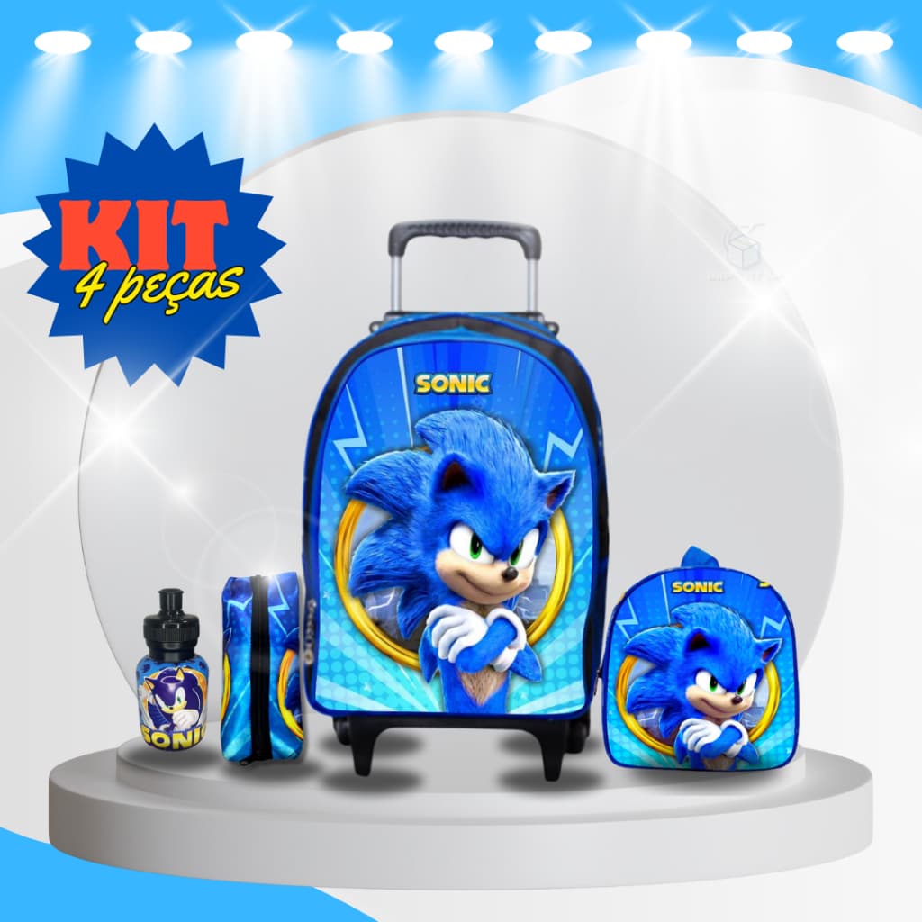 Mochila escolar masculina Sonic com rodinha
