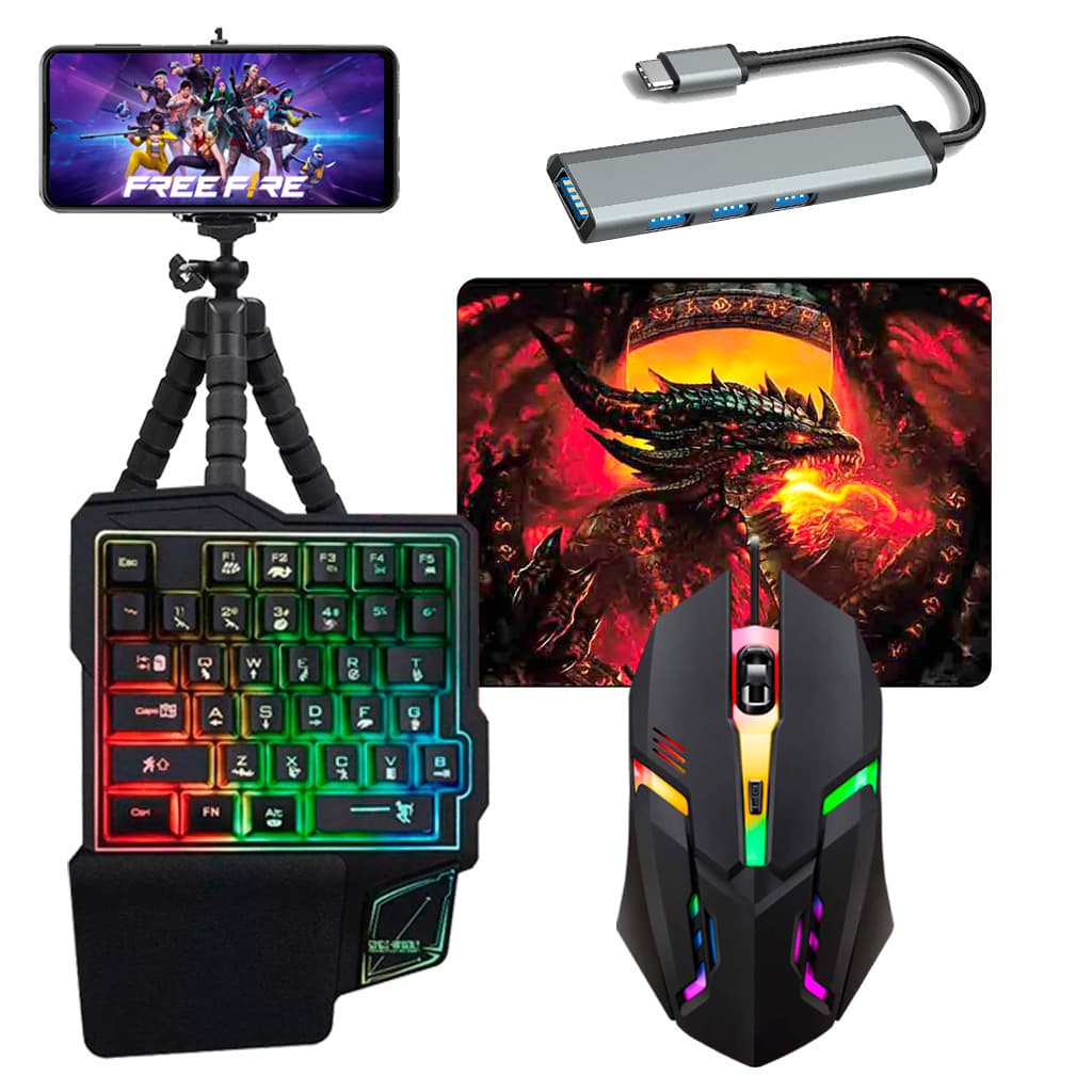 Kit Mobilador de Celular Teclado Uma Mao RGB + Mouse Gamer 1600dpi + Hub usb 3.0 Tipo C