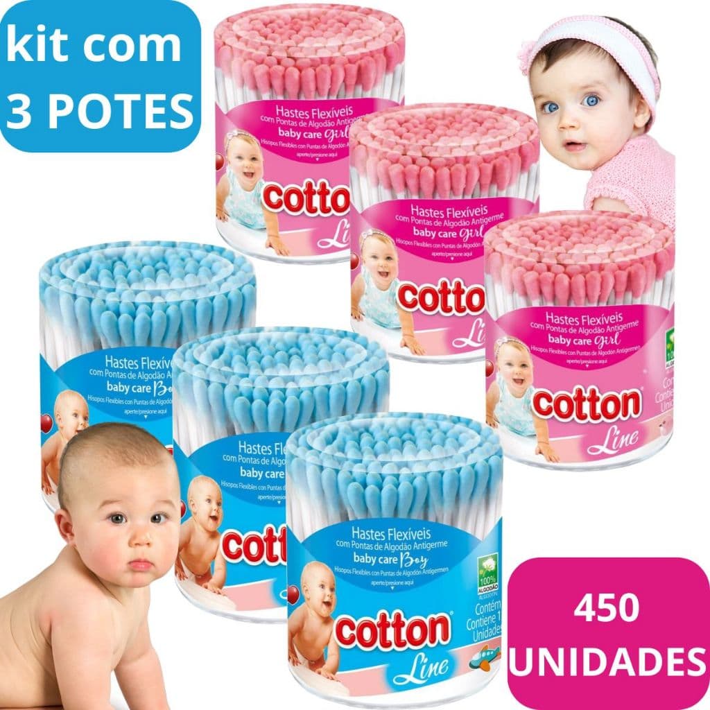 Hastes Flexíveis 03 Pote C/ 150 Hastes Cada - Cotton Line Rosa Ou Azul