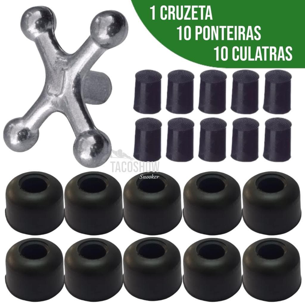 10 Ponteiras Rista Virola Plást para Taco Sinuca / 10 Culatras Borracha / 1 Cruzeta Puxa Saco Bilhar