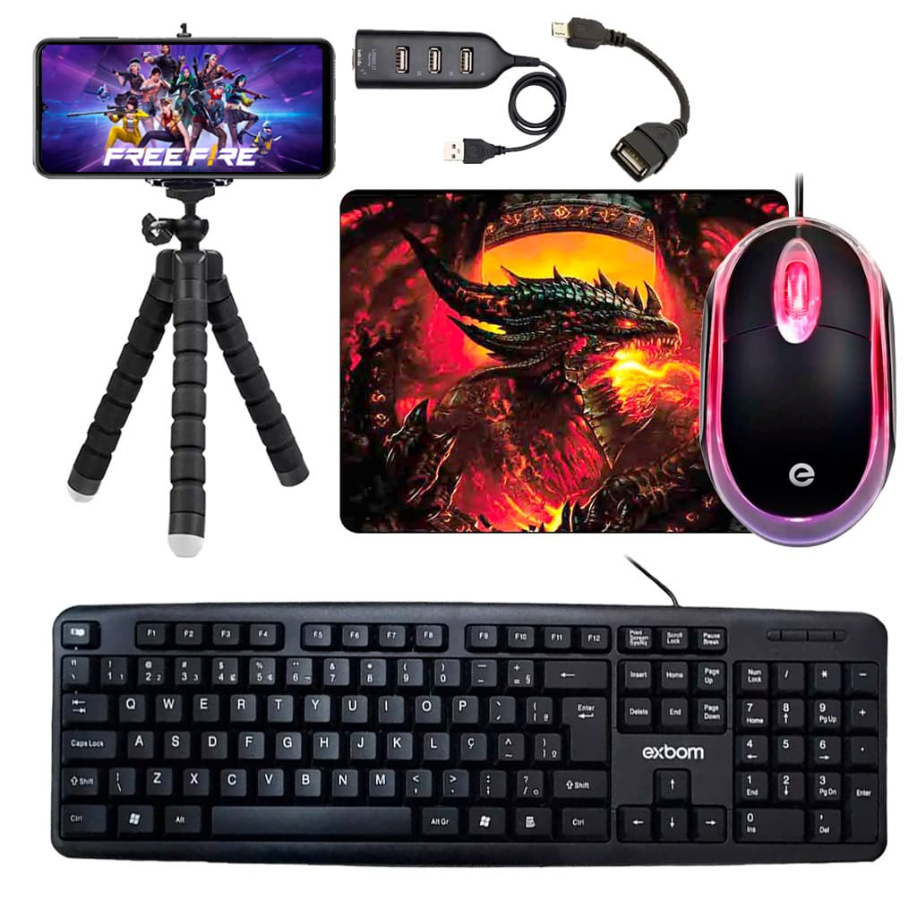 Kit Mobilador Gamer Completo Promoção Para Celular Teclado + Mouse Óptico Free Fire Cod MineCraft