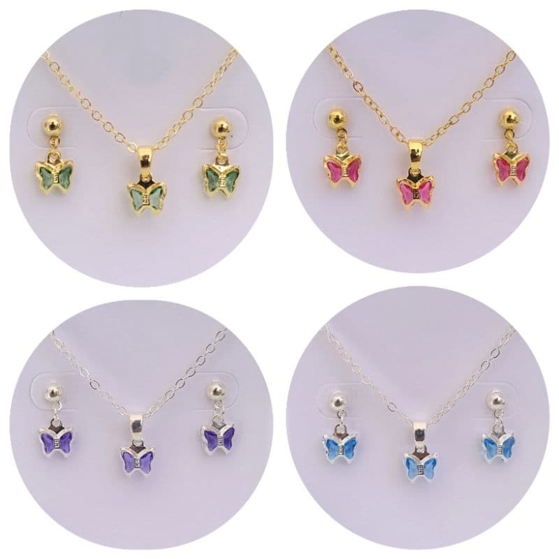 Conjunto hipoalergênico infantil colar e brinco borboleta de cristal