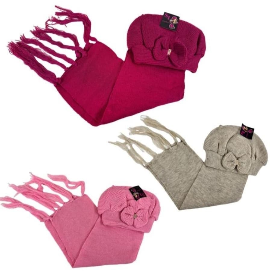 Kit 3 Boinas + 3 Cachecóis em Lã Infantil c/ Laço Strass Varias Cores