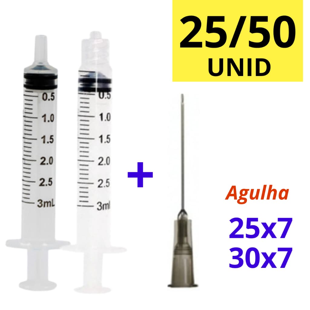 Seringa 3ml Liso/Rosca + Agulha 25x7 / 30x7 Com 25 e 50 Unidades