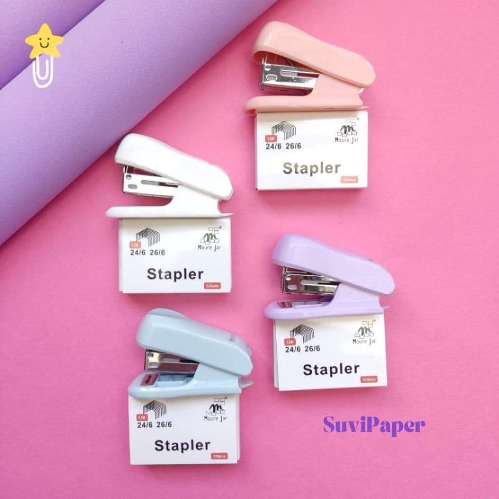 Mini Grampeador de Papel Fofo com Extrator e Grampos - Cores Rosa, Roxo, Verde e Azul - 1 Unidade com 320 Grampos