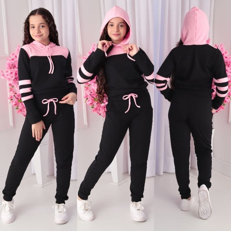 Conjunto Moletom  infanto-juvenil bicolor com capuz Tendência Outono e inverno