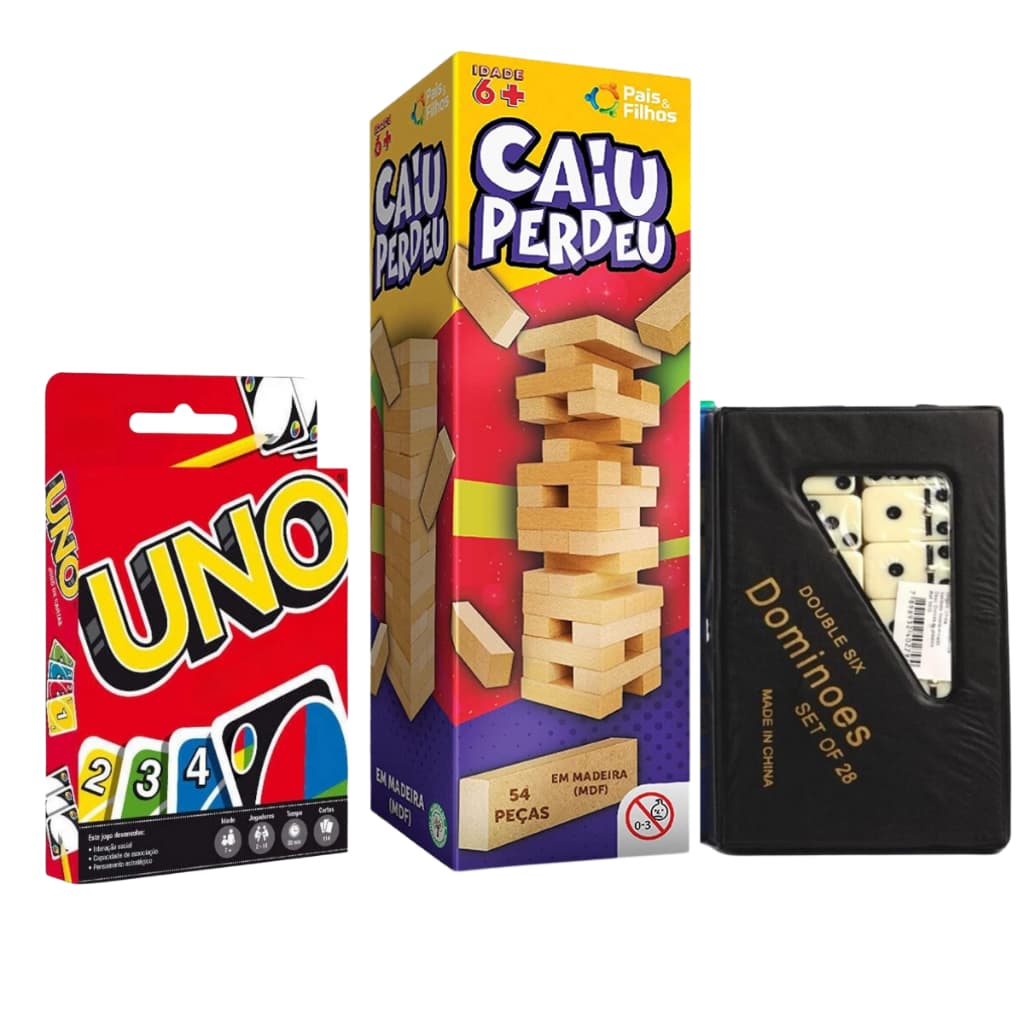 Kit Diversão Jogos de Mesa Clássico Jogo Caiu, Perdeu + Uno + Dominó Brinquedo Jogos de Tabuleiro
