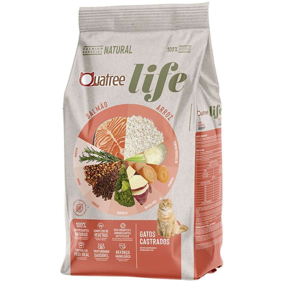 Ração Quatree Life para Gatos Castrados Sabor Salmão e Arroz 3KG