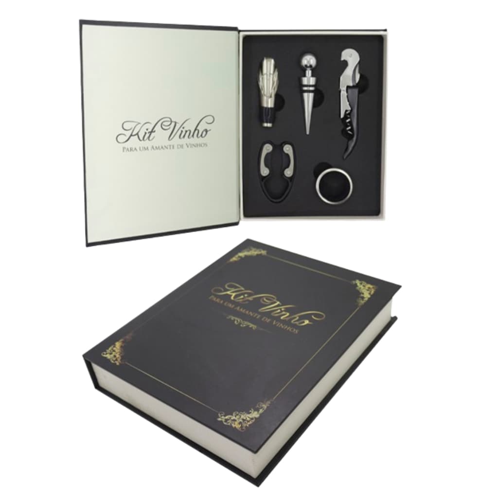 Kit Vinho Saca Rolhas Abridor Tampa Dosador Livro 5 Peças Acessorios