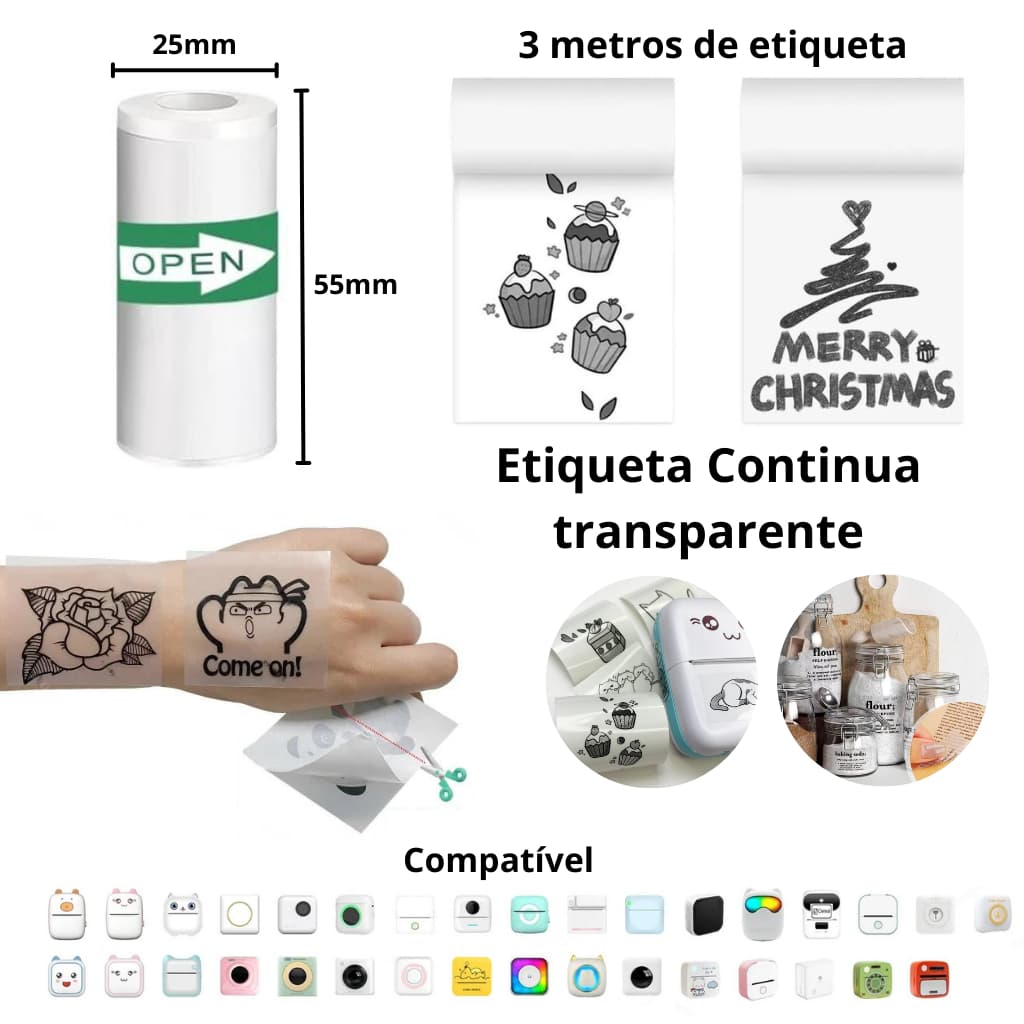 Etiqueta Térmica Adesiva 55x25mm Transparente Rolo Para Mini Impressora Portátil e a Prova De Água Bobina Contínua