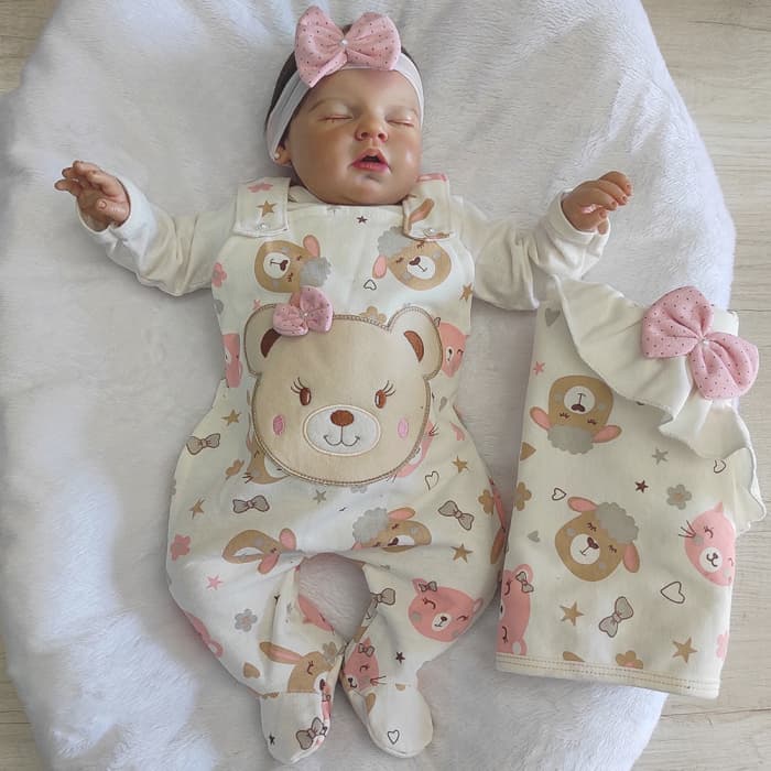 Saída de Maternidade Kids Bebê Menina com Bordado de Ursinha Lola Palha - 04 Peças