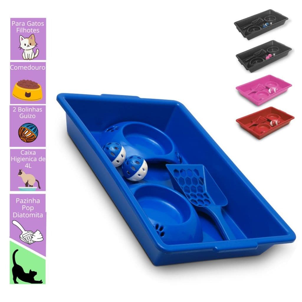 Kit Higienico Bandeja Areia para Gatos Filhotes com Bolinha Guizo