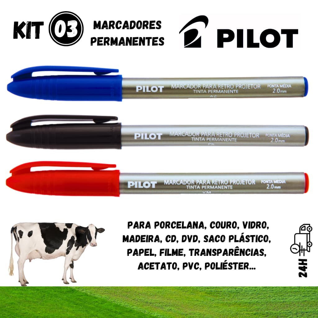 KIT 03 Canetas Pincel Marcador Permanente Ponta 2.0mm Pilot