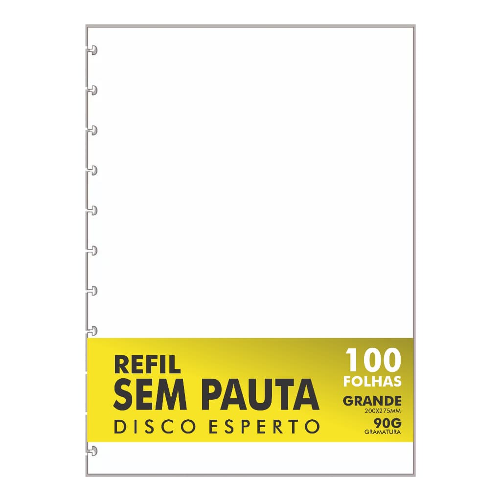 Refil Genérico Liso, Em Branco, Sem Pauta Compatível Caderno Inteligente / Disco Grande 11 Furos 90g
