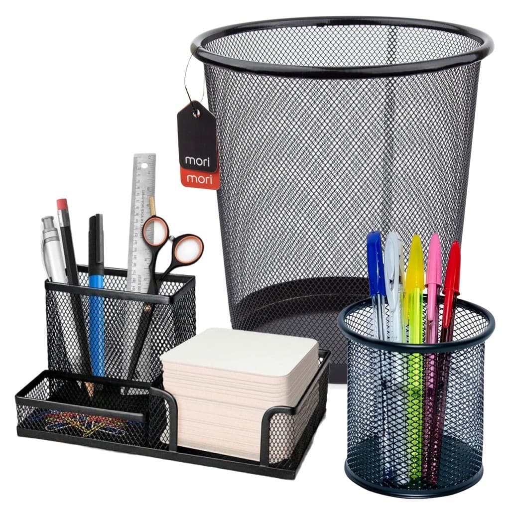 Kit Lixeira de Escritório 10 Litros + Organizador de Mesa Porta Trecos e Porta Canetas Preto