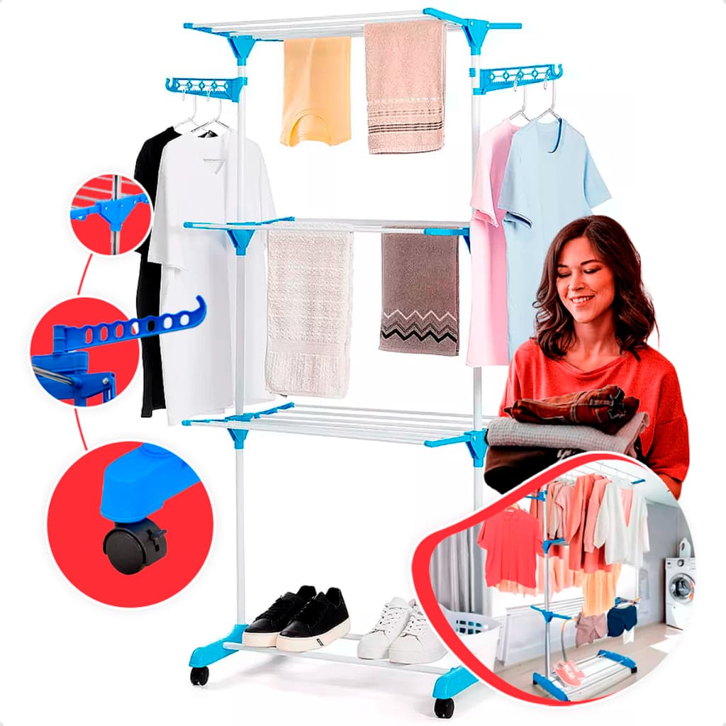 Varal de chão Torre 3 Andares Dobrável Retratil Compacto com 4 Rodas Azul