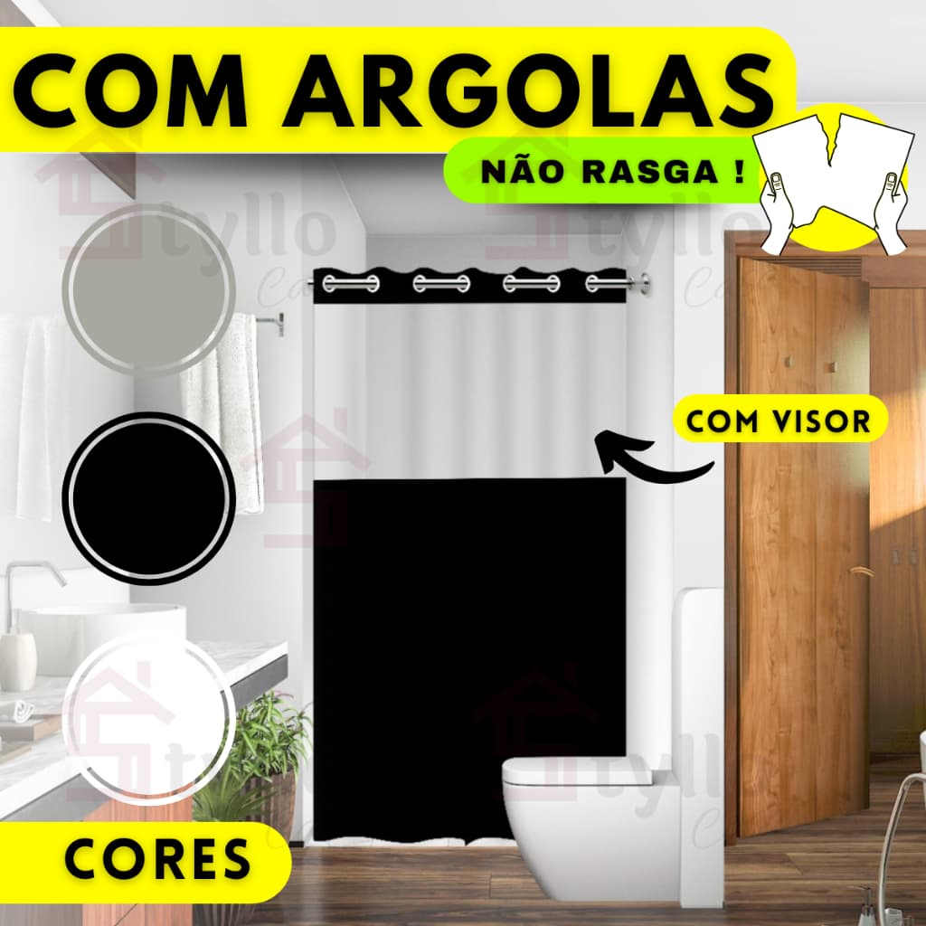 Cortina de Banheiro com Visor Transparente em PVC Cortina de Box Banheiro Antimofo Preta Branca Cinza