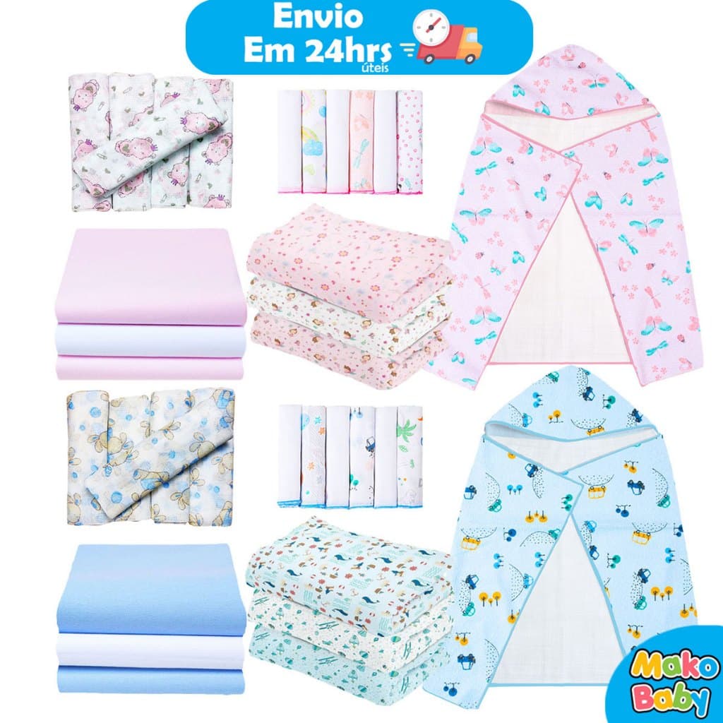 Kit Enxoval de bebê 18 peças - Toalha de Banho Forrada em Fralda Bebe Babete Cueiro Fralda de pano