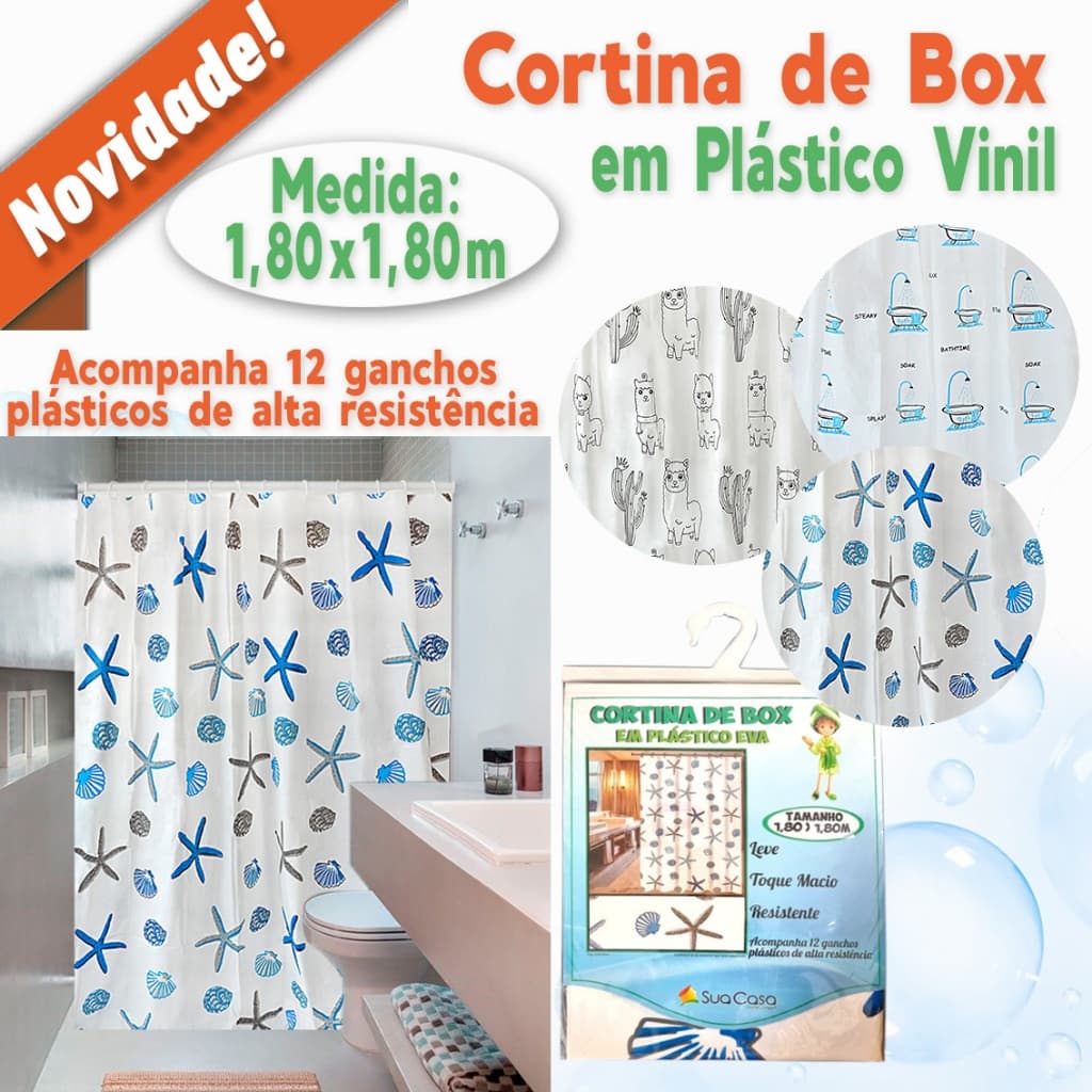 Cortina de Box em Plástico Vinil em PVC para Banheiro e Decoração 180x180cm Estampada Banheiras