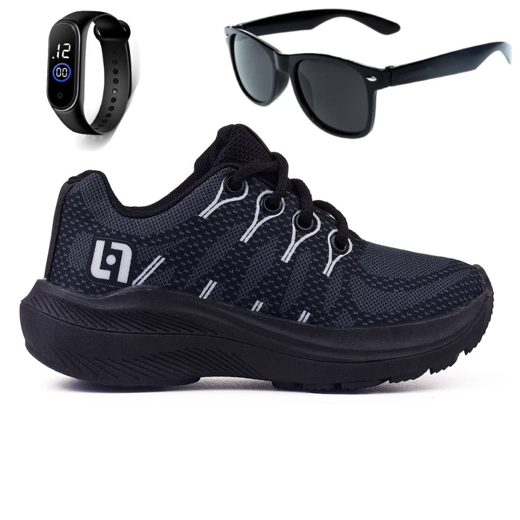 Tenis Infantil Meninos Casual Preto Preto + Óculos e Relógio Linkito
