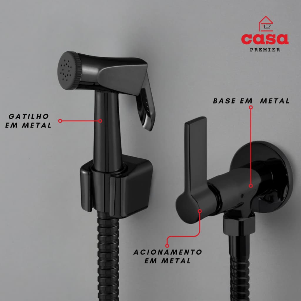Ducha Higiênica Preta Completa Banheiro Gatilho Metal 1/4 V Engate Flexível 1,20m