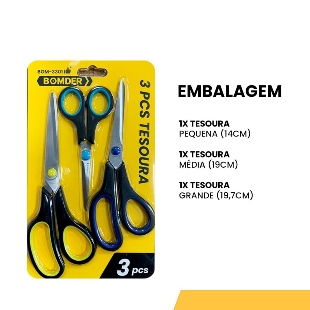 Kit 3 Tesouras Aço Inoxidável Resistente Corte/ Costura/ Arte / Escolar/ Artesão /Escritório /Grande Média Pequena