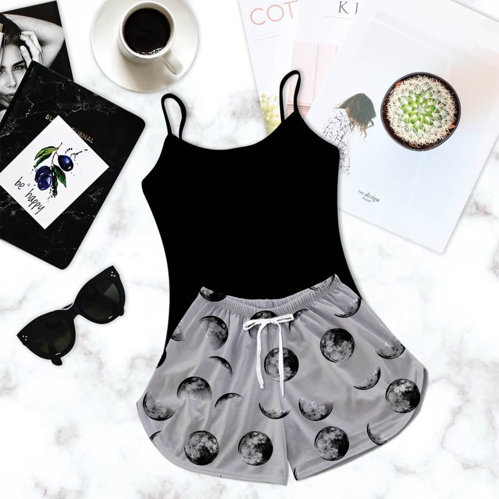 Pijama Baby Doll Preto Estampado Boa Noite Lua Cinza