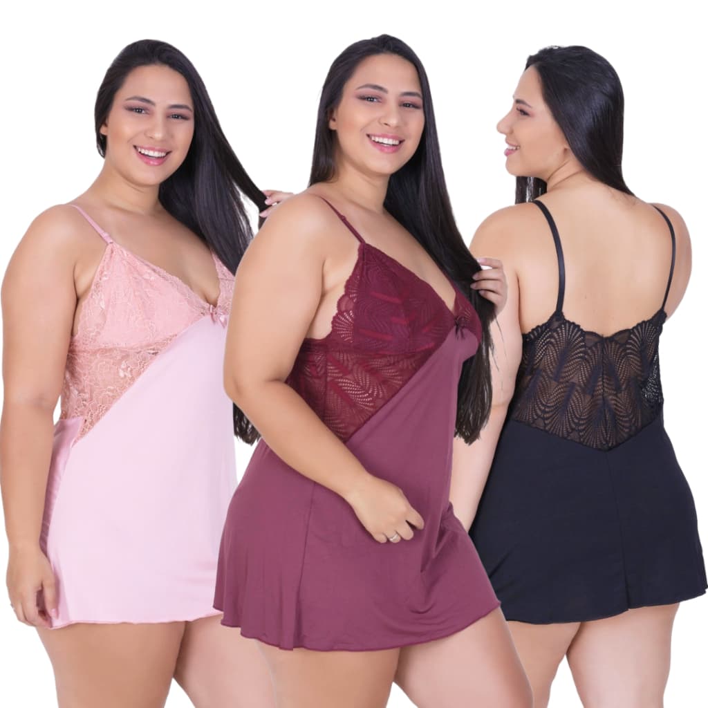 Kit 3 Camisolas Sensuais Sexy Plus Size Tecido de Microfibra Suave com Busto e Costas Rendada