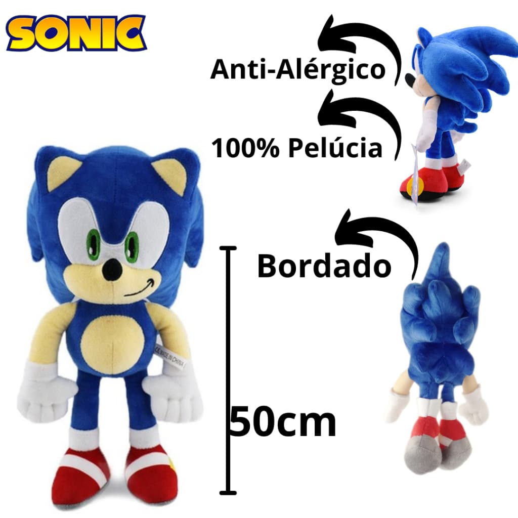 Boneco Pelúcia Sonic 50cm e 25cm 100% Pelucia Anti-Alergico Borbado Ouriço Brinquedo Aniversario Tails 50cm