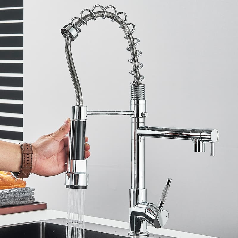 Torneira Cozinha Gourmet Inox para Bancada com Spray Flexível e Dupla Função – Mista Quente/Frio