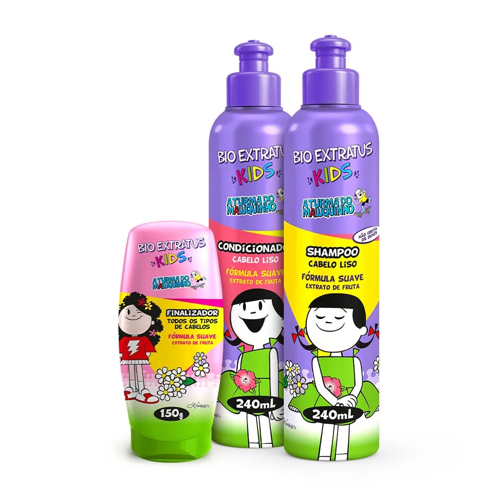 Kit Kids Cabelo Liso Shampoo, Condicionador e Finalizador Bio Extratus
