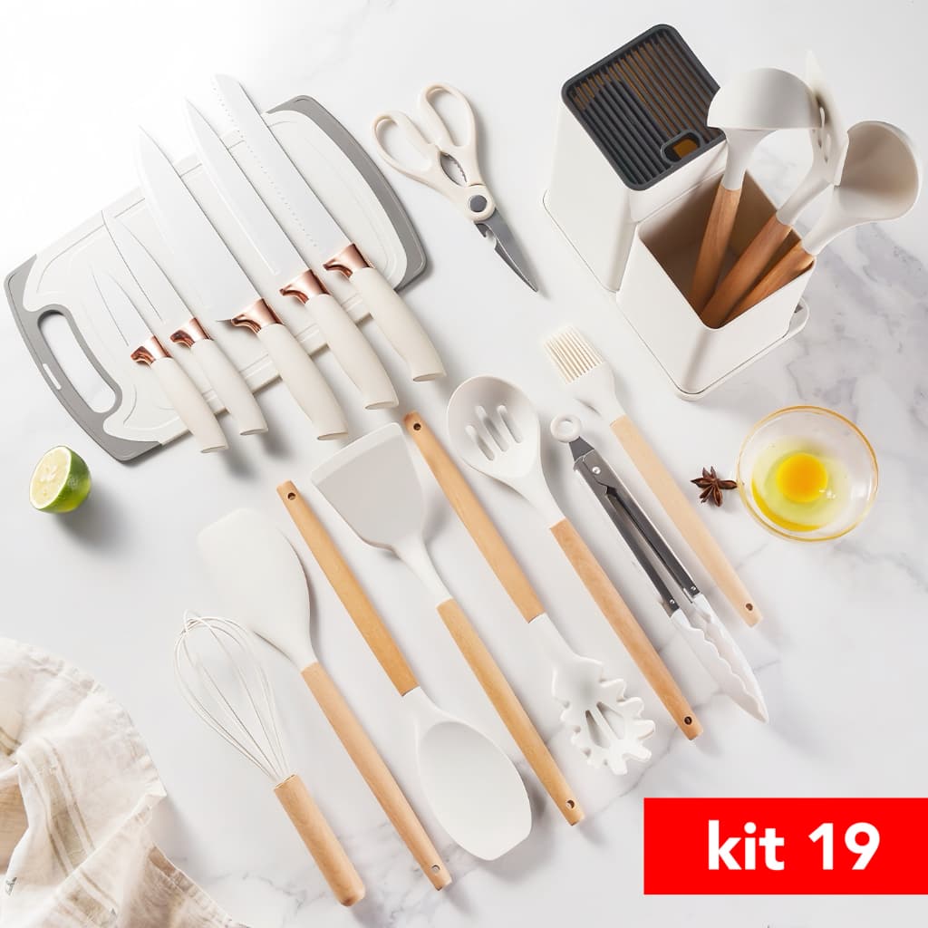 Kit Completo Jogo Utensílios de Cozinha Luxo 19 Peças Com Tábua em Silicone Espátula Faca Tesoura