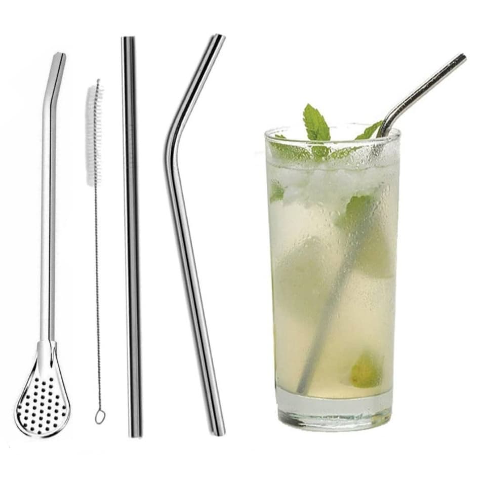 Kit 4 em 1 De Canudo Longo Com Colher Filtro Em Aço Inox 304 Para Chá De Madai Camomila Pura Tereré
