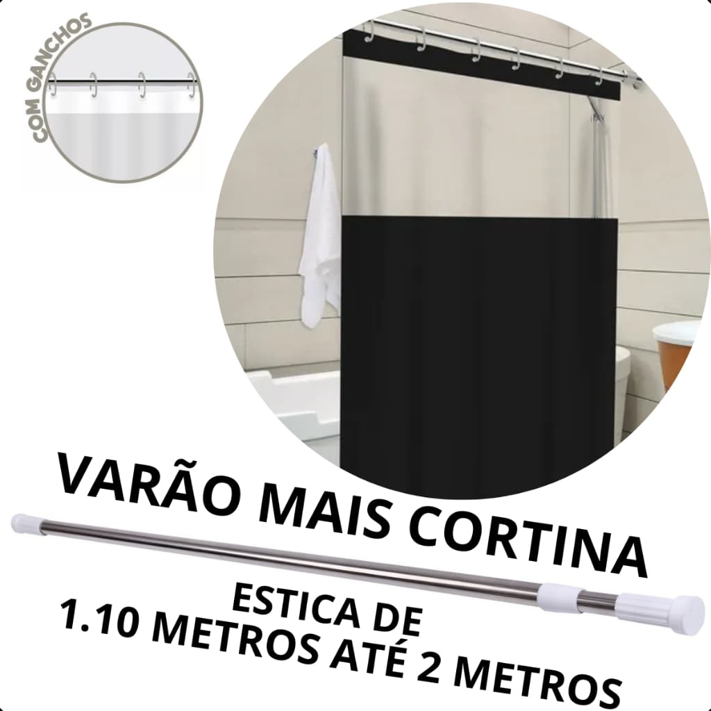 Varão Extensivel 1,1m até 2,0m + Cortina Box Vinil De Banheiro