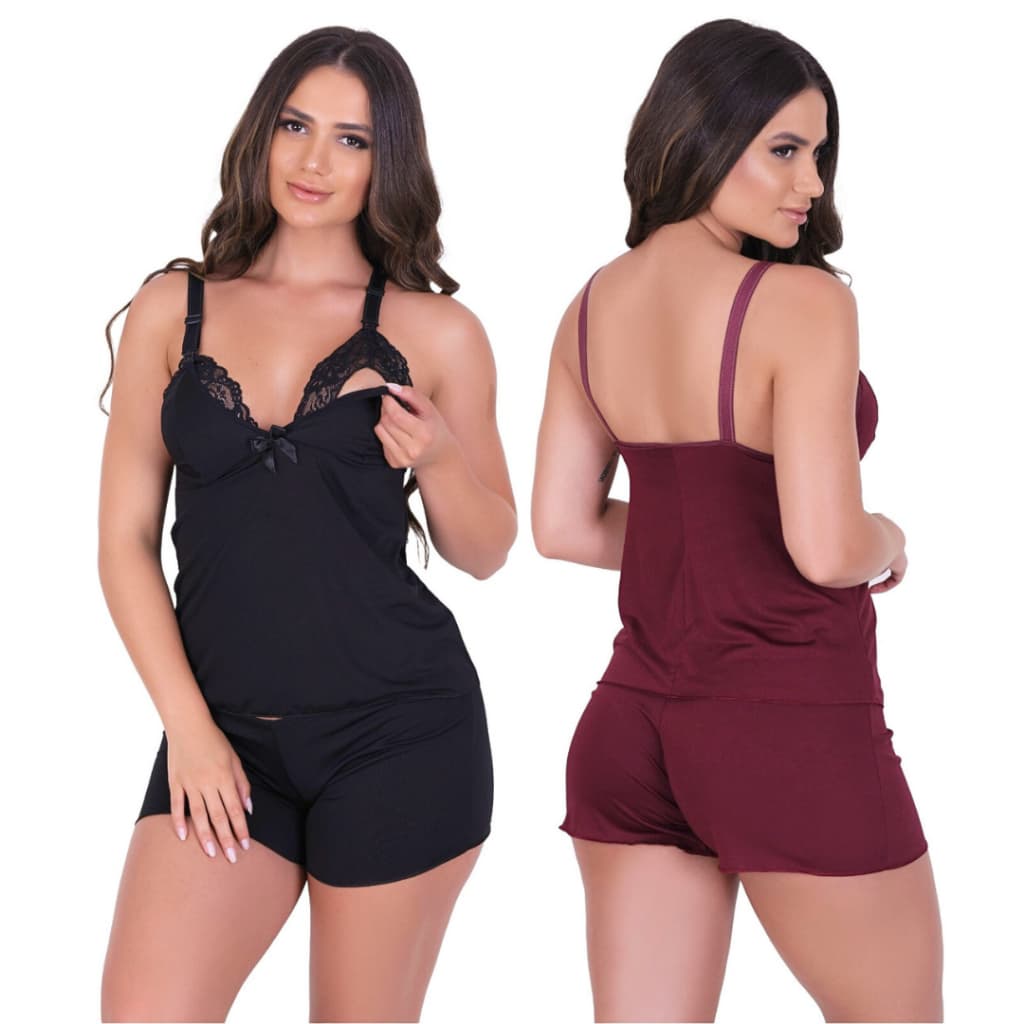 Kit 2 Baby Doll Pós Parto para Amamentar Click Abre Fácil e Blusinha e Short saída de maternidade