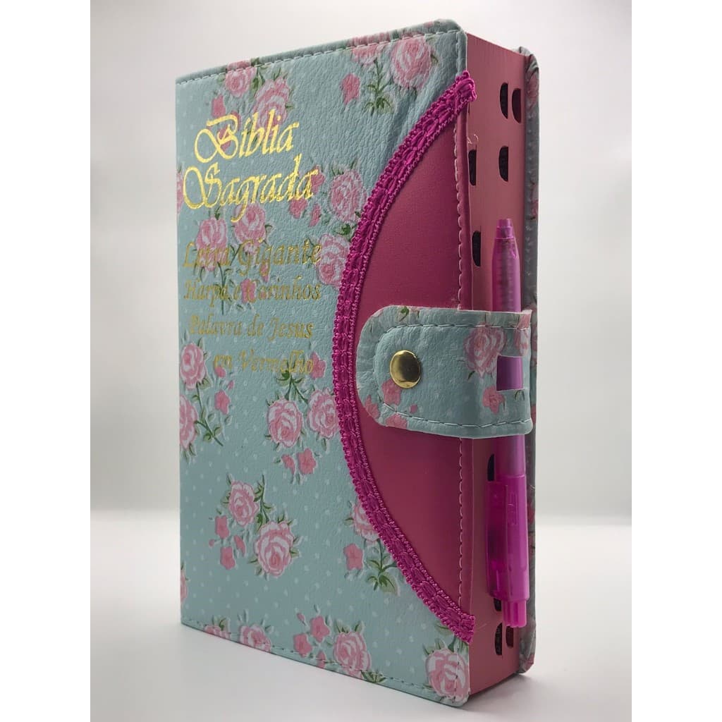 Bíblia Sagrada Tamanho Grande Com Harpa Palavras de Jesus em vermelho Botão Capa Florida Verde