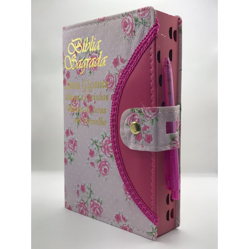Bíblia Sagrada Tamanho Grande Com Harpa Palavras de Jesus em vermelho Botão Capa Flor Rosa