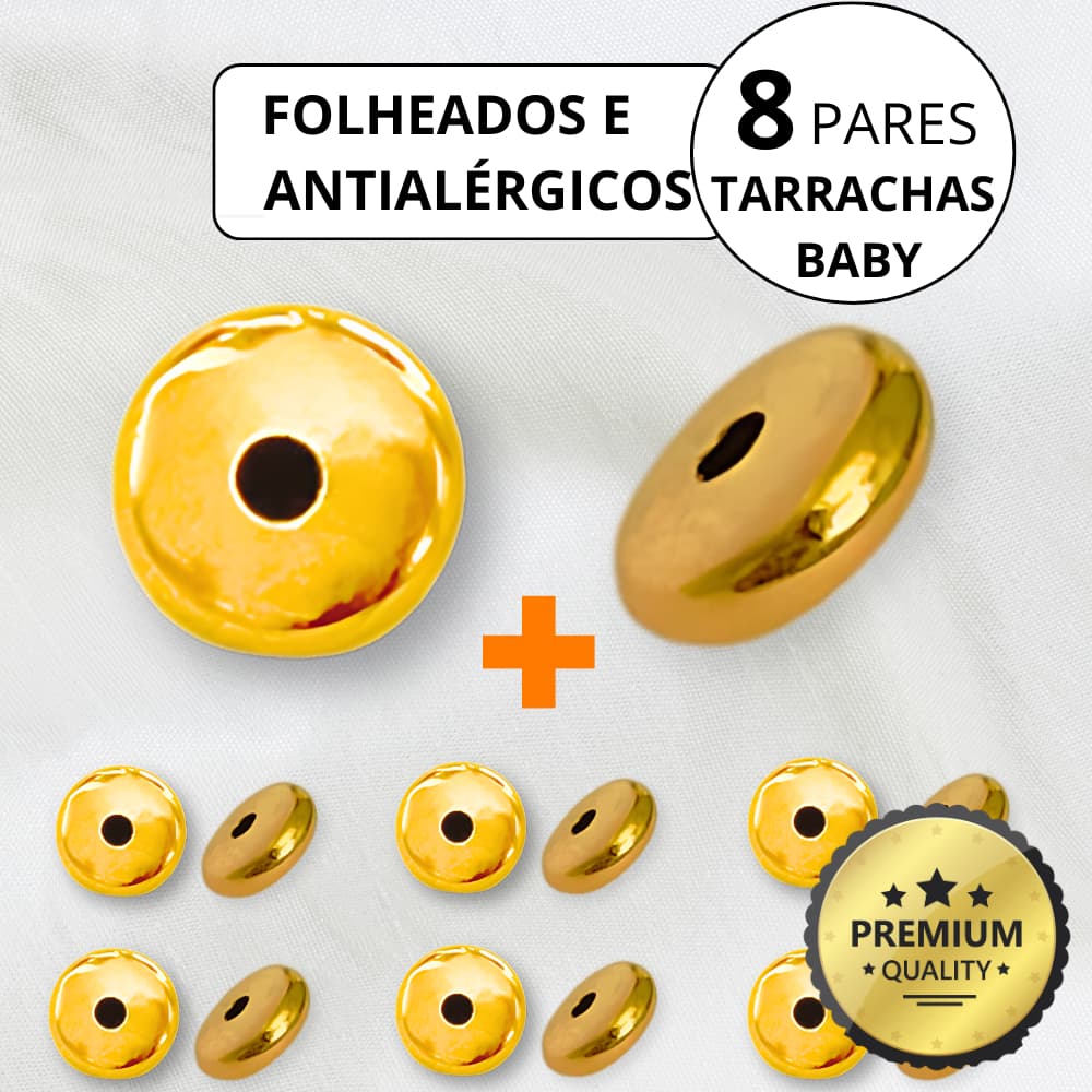 Kit 8 pares Tarraxa Baby Pressão Banhado Ouro 18k Folheado Tarracha Infantil Antialérgica Atacado