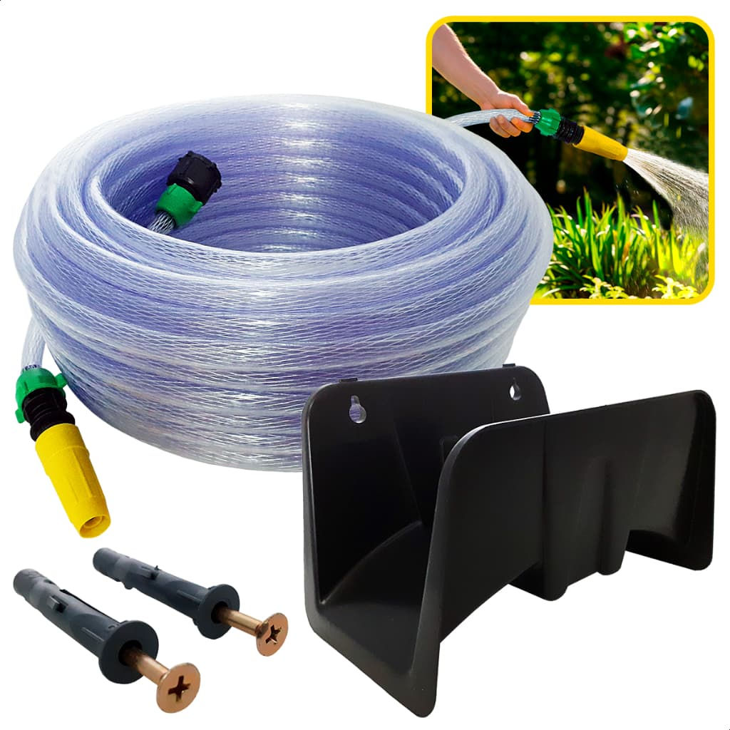 Kit Completo de Mangueira de Jardim Trançada Cristal com Suporte, Esguicho, União e Fixação