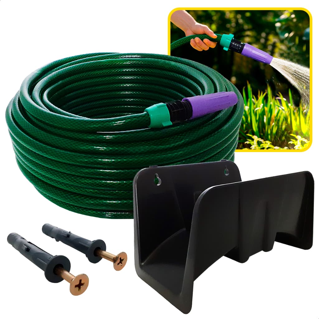 Kit Completo de Mangueira de Jardim Trançada com Suporte, Esguicho, União e Fixação