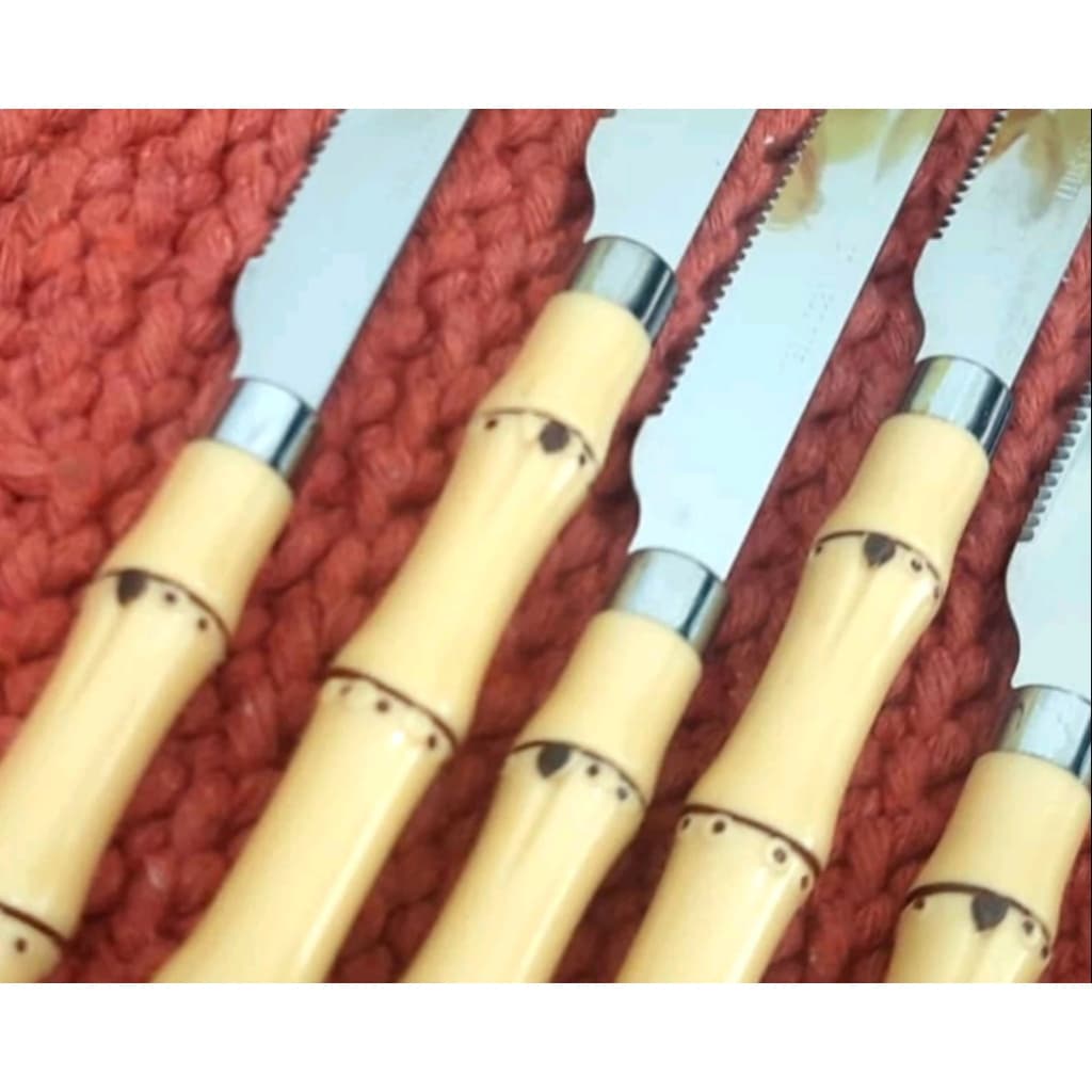 KIT SEIS FACAS DE MESA CHURRASCO EM ACO INOX CABO BAMBU IMITANDO MADEIRA PLASTICO