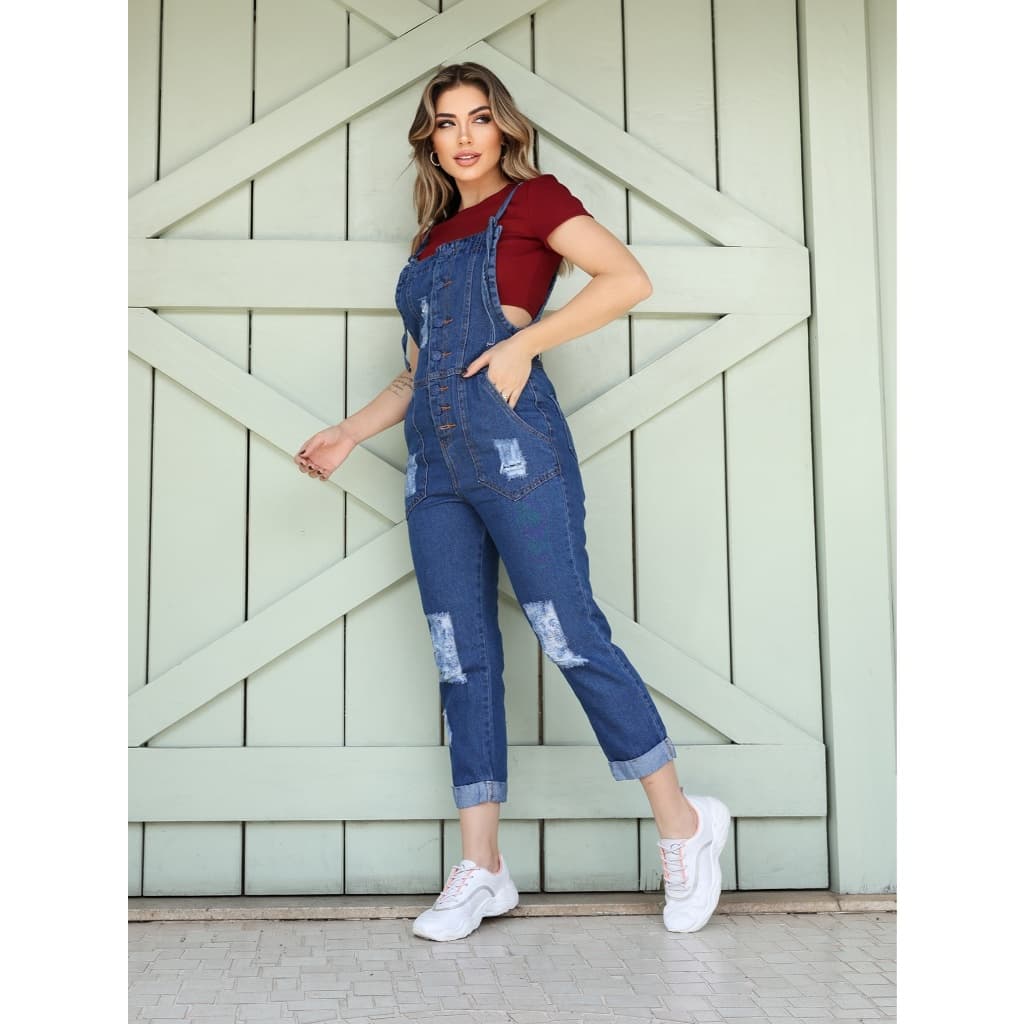 Jardineira Jeans Feminina Slim Com Botões na pantacour11#