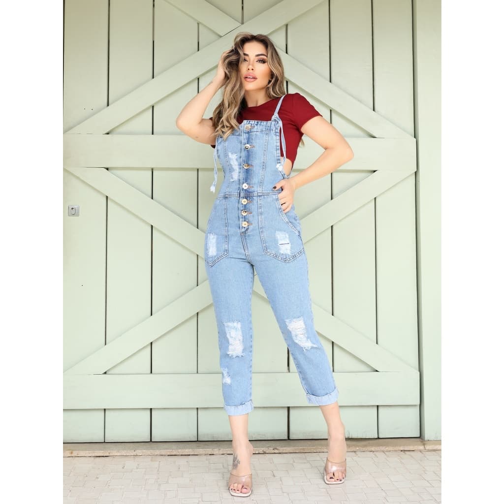 Jardineira Jeans Feminina Slim Com Botões na pantacour11#